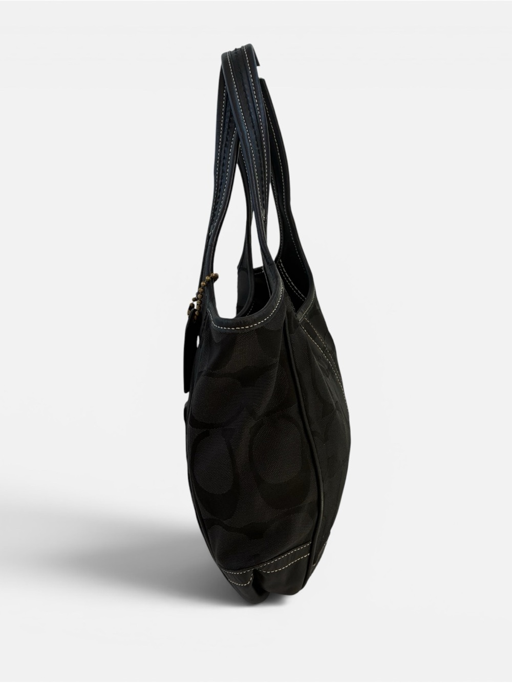 Coach Signature Black Jacquard Tote Bag Shoulder Handbag Leather Trim - Picture 3 of 10